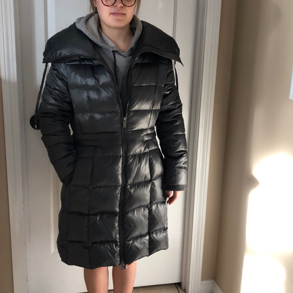 BCBG Maxazaria gun metal grey down jacket.